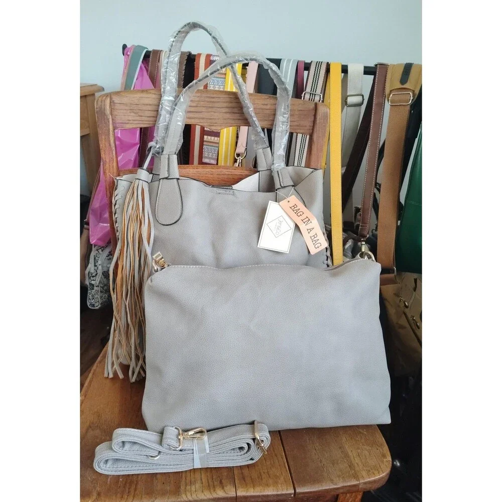 Jen Co Tote Large Gray Bag In A Bag Tassel Pouch Purse Vegan Faux Leather Beige - Picture 15 of 16